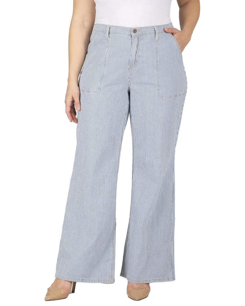 Front of a model wearing a size 14 Gigi High Rise Wide Leg Jean in Mid Blue by Standards & Practices. | dia_product_style_image_id:275700